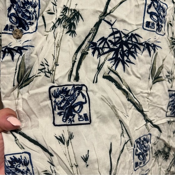 Oriental White Blue Green Dragon Design Short Sleeve Button Down - Picture 3 of 4